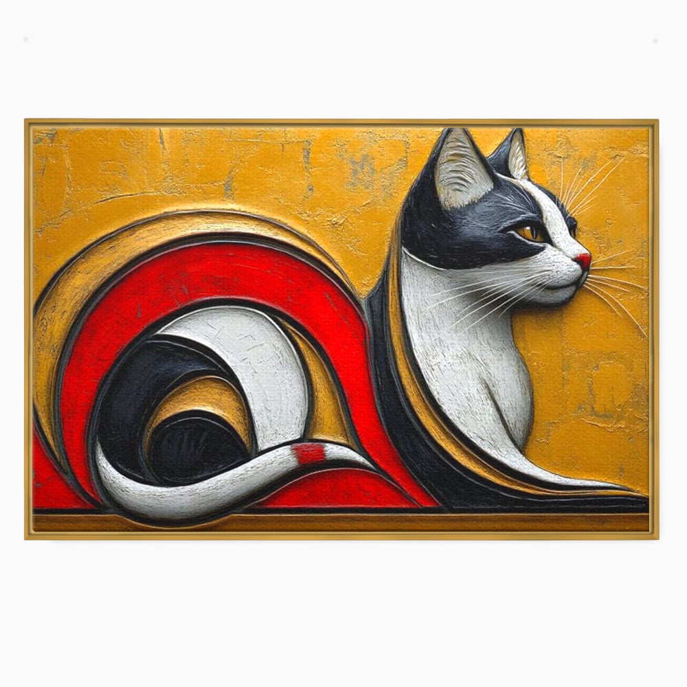Tablou Canvas Premium, LuxCanva® M1230, Simfonia Mustatilor de Aur, Abstract, Felina, Grafica, Auriu, Profil, Elegant, Forme, Detalii, Antic, Birou, Living, Camera Copil