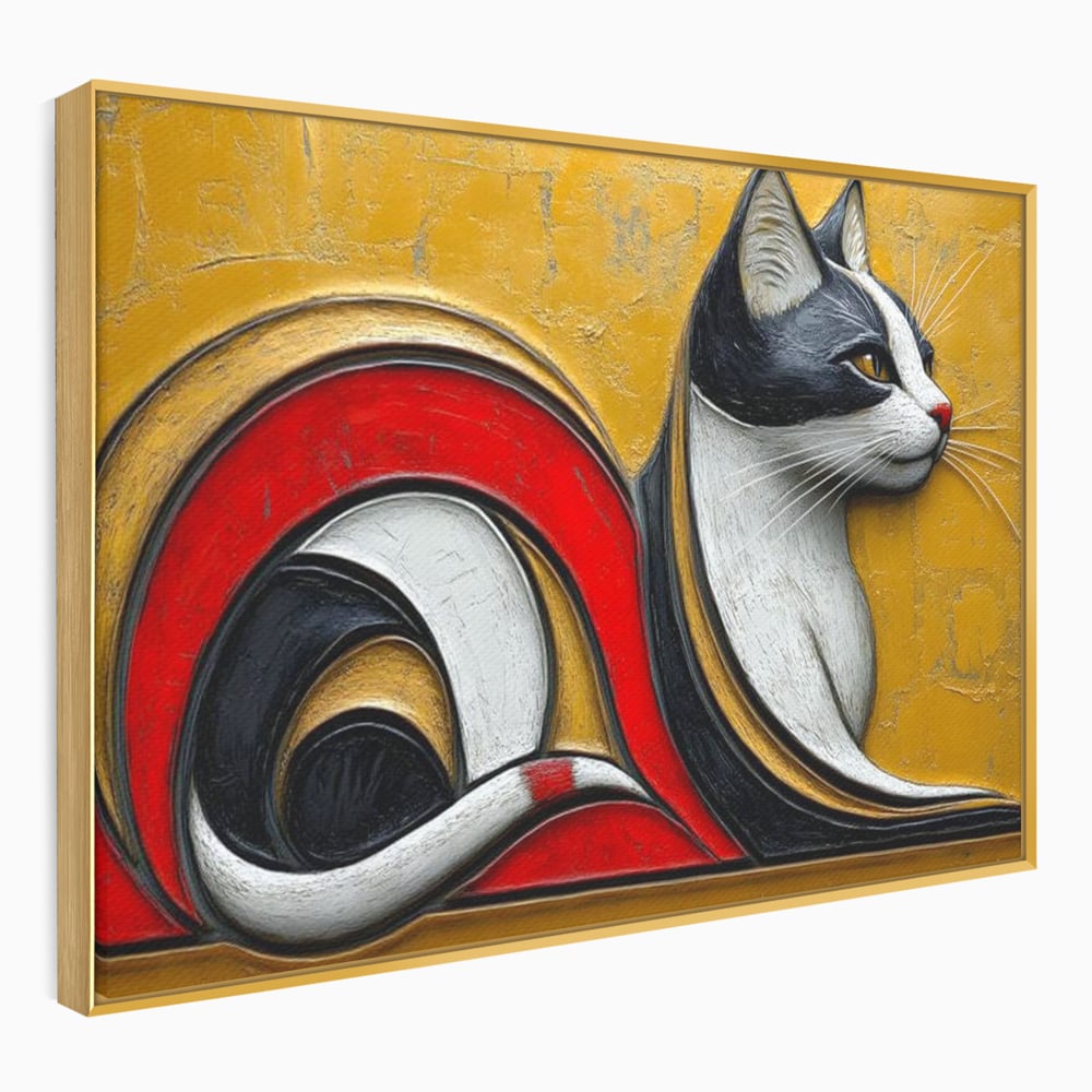 Tablou Canvas Premium, LuxCanva® M1230, Simfonia Mustatilor de Aur, Abstract, Felina, Grafica, Auriu, Profil, Elegant, Forme, Detalii, Antic, Birou, Living, Camera Copil