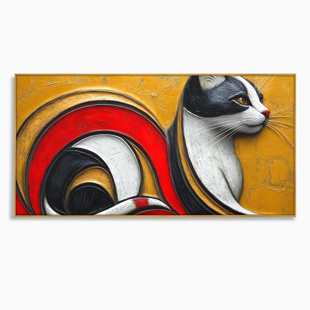 Tablou Canvas Premium, LuxCanva® M1230, Simfonia Mustatilor de Aur, Abstract, Felina, Grafica, Auriu, Profil, Elegant, Forme, Detalii, Antic, Birou, Living, Camera Copil