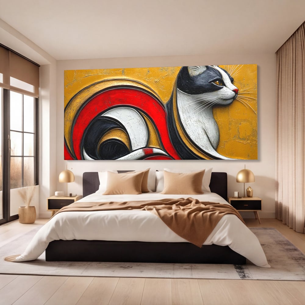 Tablou Canvas Premium, LuxCanva® M1230, Simfonia Mustatilor de Aur, Abstract, Felina, Grafica, Auriu, Profil, Elegant, Forme, Detalii, Antic, Birou, Living, Camera Copil