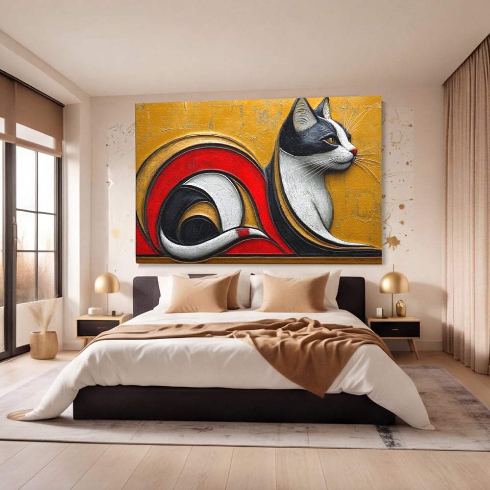 Tablou Canvas Premium, LuxCanva® M1230, Simfonia Mustatilor de Aur, Abstract, Felina, Grafica, Auriu, Profil, Elegant, Forme, Detalii, Antic, Birou, Living, Camera Copil