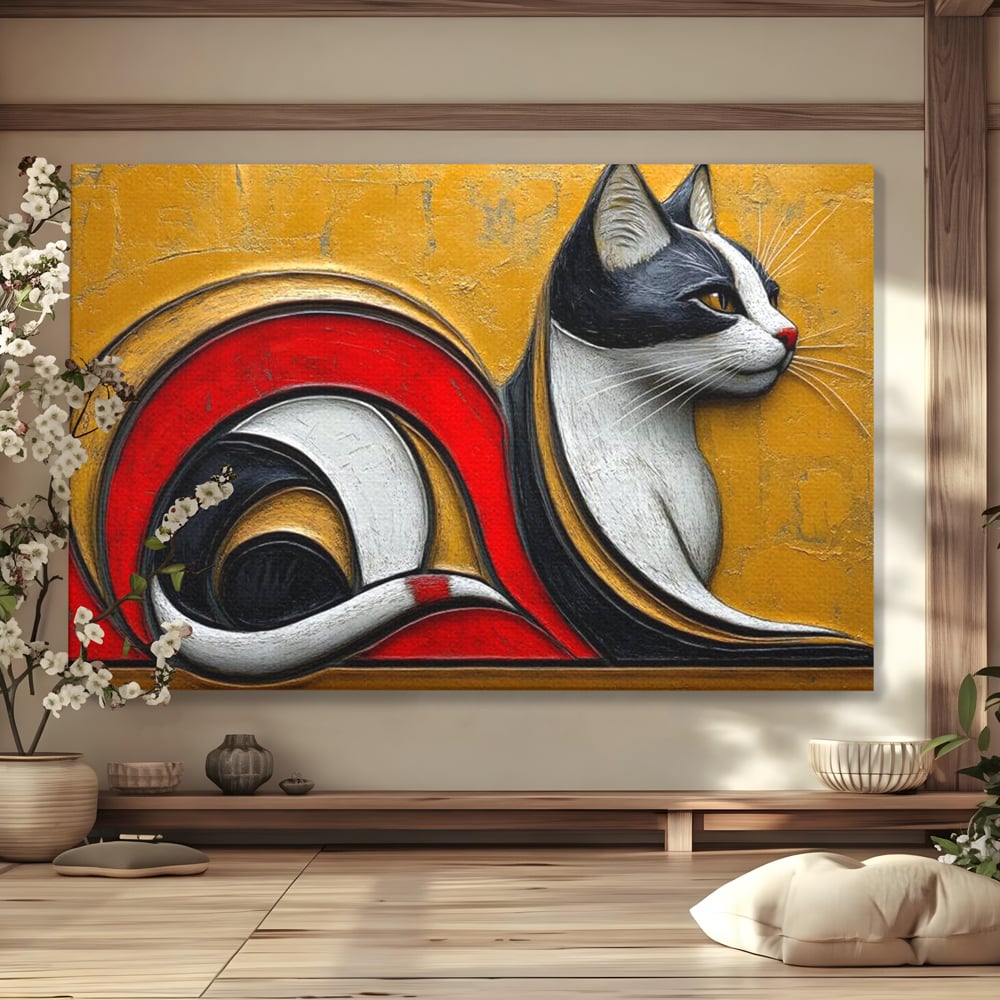 Tablou Canvas Premium, LuxCanva® M1230, Simfonia Mustatilor de Aur, Abstract, Felina, Grafica, Auriu, Profil, Elegant, Forme, Detalii, Antic, Birou, Living, Camera Copil