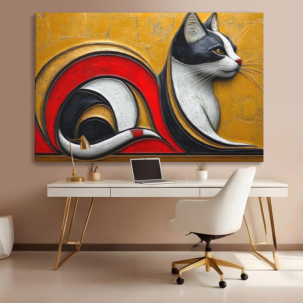 Tablou Canvas Premium, LuxCanva® M1230, Simfonia Mustatilor de Aur, Abstract, Felina, Grafica, Auriu, Profil, Elegant, Forme, Detalii, Antic, Birou, Living, Camera Copil