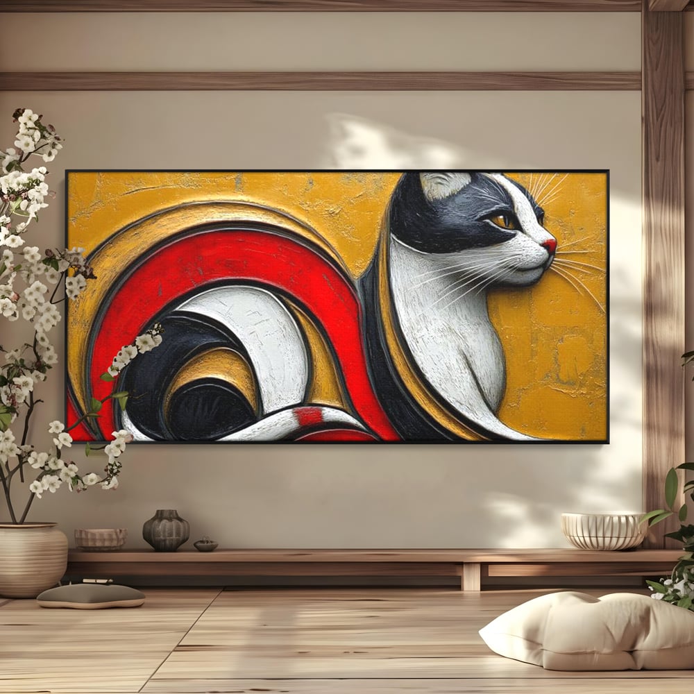 Tablou Canvas Premium, LuxCanva® M1230, Simfonia Mustatilor de Aur, Abstract, Felina, Grafica, Auriu, Profil, Elegant, Forme, Detalii, Antic, Birou, Living, Camera Copil