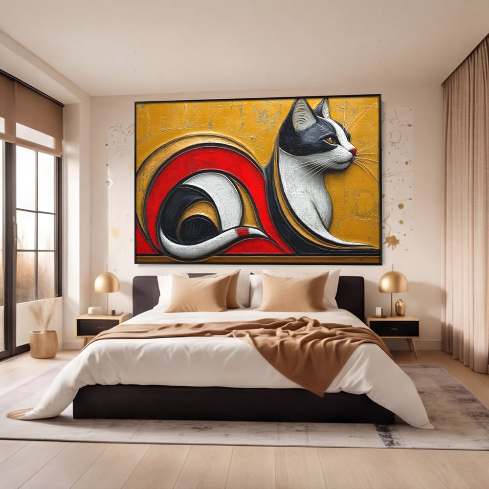Tablou Canvas Premium, LuxCanva® M1230, Simfonia Mustatilor de Aur, Abstract, Felina, Grafica, Auriu, Profil, Elegant, Forme, Detalii, Antic, Birou, Living, Camera Copil