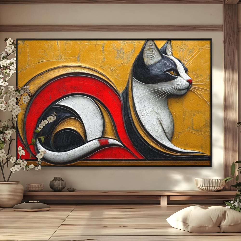 Tablou Canvas Premium, LuxCanva® M1230, Simfonia Mustatilor de Aur, Abstract, Felina, Grafica, Auriu, Profil, Elegant, Forme, Detalii, Antic, Birou, Living, Camera Copil