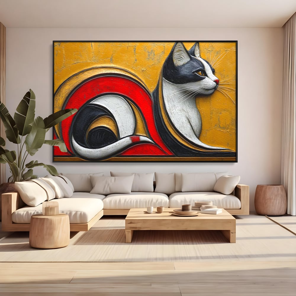 Tablou Canvas Premium, LuxCanva® M1230, Simfonia Mustatilor de Aur, Abstract, Felina, Grafica, Auriu, Profil, Elegant, Forme, Detalii, Antic, Birou, Living, Camera Copil