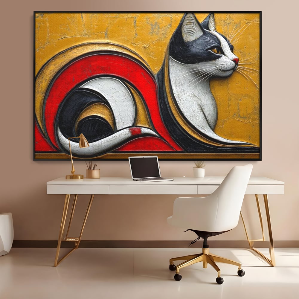 Tablou Canvas Premium, LuxCanva® M1230, Simfonia Mustatilor de Aur, Abstract, Felina, Grafica, Auriu, Profil, Elegant, Forme, Detalii, Antic, Birou, Living, Camera Copil