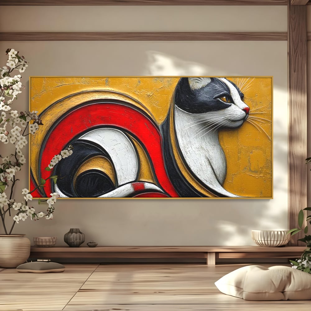 Tablou Canvas Premium, LuxCanva® M1230, Simfonia Mustatilor de Aur, Abstract, Felina, Grafica, Auriu, Profil, Elegant, Forme, Detalii, Antic, Birou, Living, Camera Copil