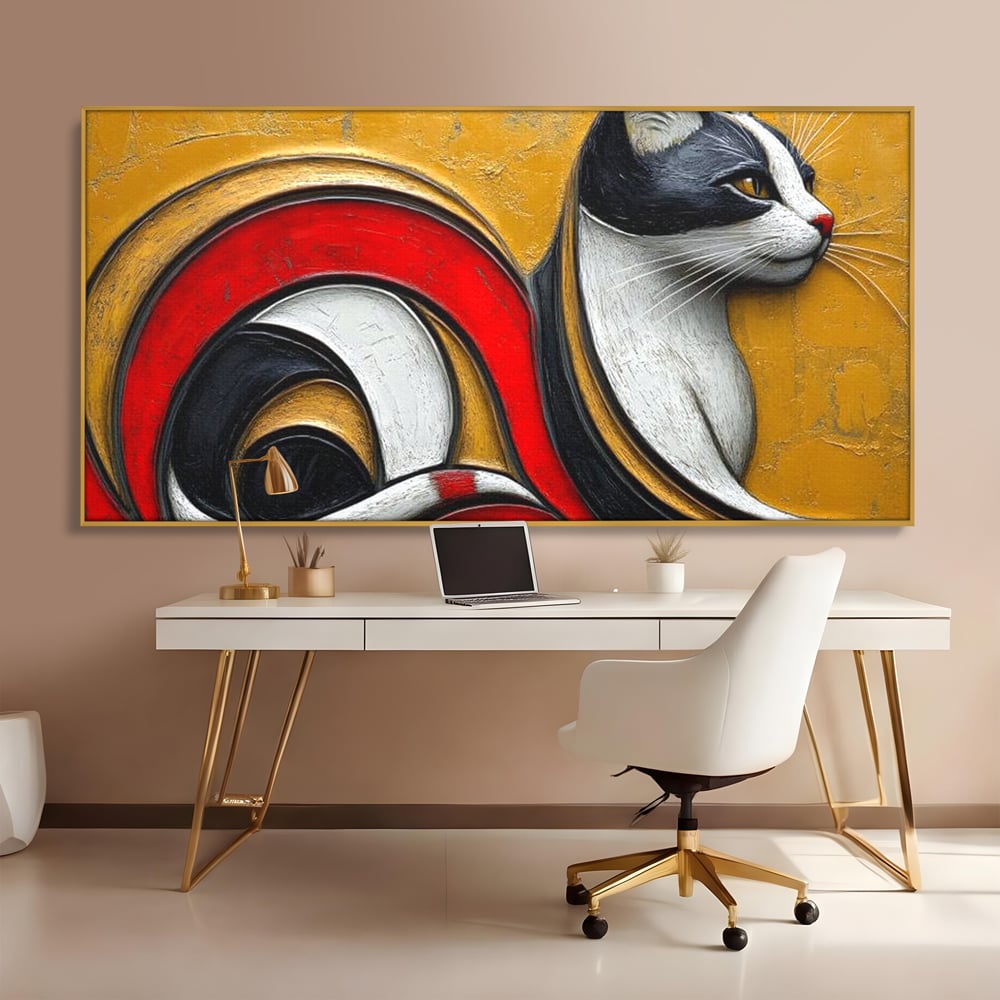 Tablou Canvas Premium, LuxCanva® M1230, Simfonia Mustatilor de Aur, Abstract, Felina, Grafica, Auriu, Profil, Elegant, Forme, Detalii, Antic, Birou, Living, Camera Copil