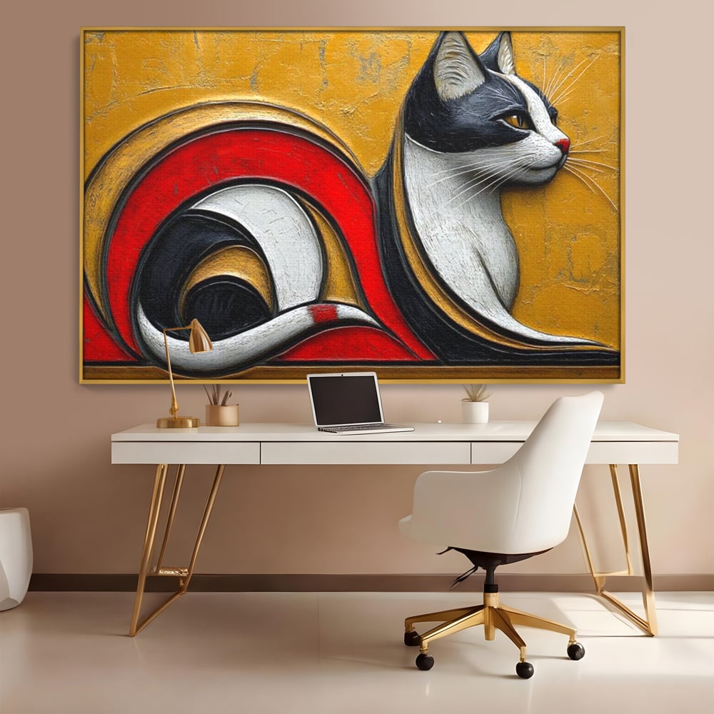 Tablou Canvas Premium, LuxCanva® M1230, Simfonia Mustatilor de Aur, Abstract, Felina, Grafica, Auriu, Profil, Elegant, Forme, Detalii, Antic, Birou, Living, Camera Copil