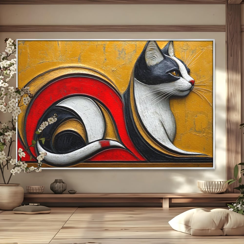 Tablou Canvas Premium, LuxCanva® M1230, Simfonia Mustatilor de Aur, Abstract, Felina, Grafica, Auriu, Profil, Elegant, Forme, Detalii, Antic, Birou, Living, Camera Copil