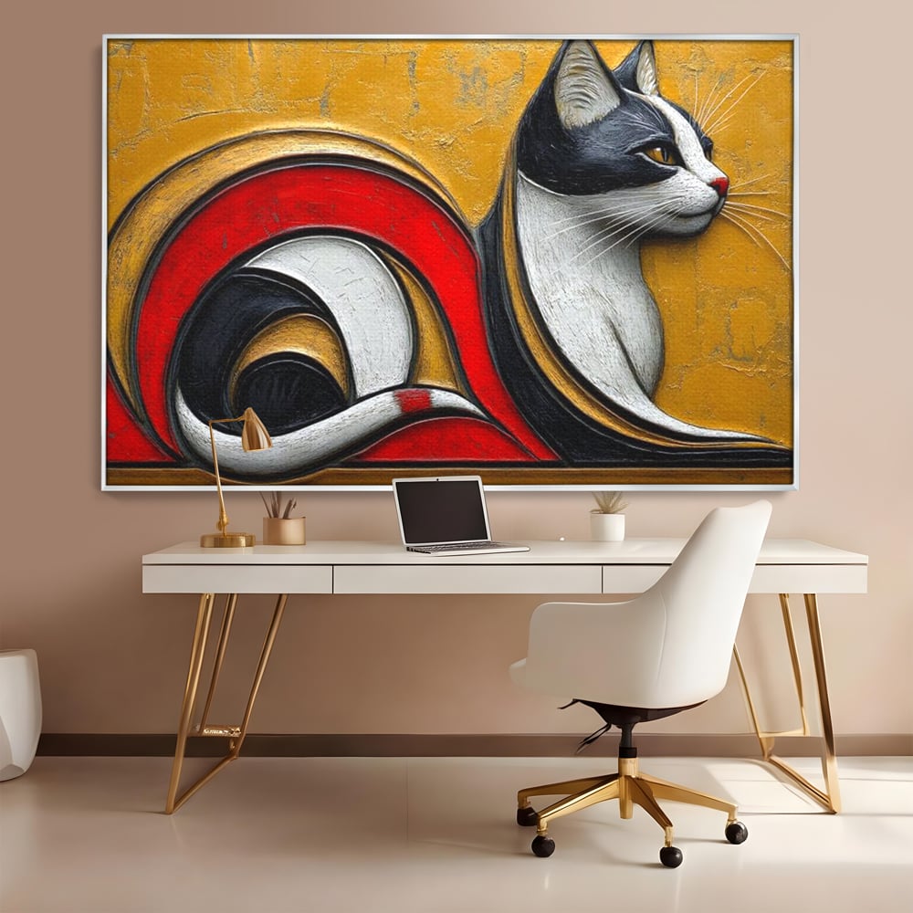 Tablou Canvas Premium, LuxCanva® M1230, Simfonia Mustatilor de Aur, Abstract, Felina, Grafica, Auriu, Profil, Elegant, Forme, Detalii, Antic, Birou, Living, Camera Copil