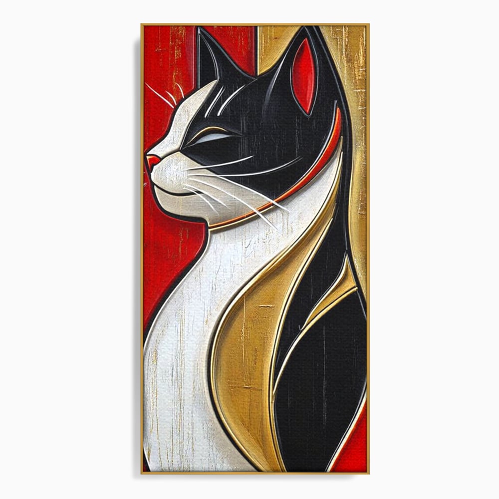 Tablou Canvas Premium, LuxCanva® M1231, Felina de Colectie, Arta Moderna, Pisica, Portret, Rosu, Veselie, Abstract, Auriu, Profil, Texturat, Artistic, Birou, Living, Camera Copil