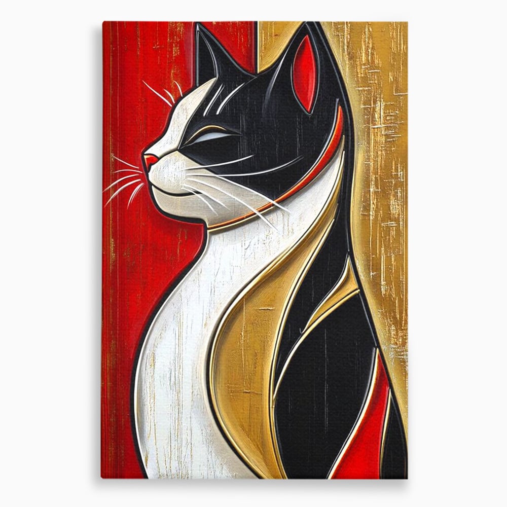 Tablou Canvas Premium, LuxCanva® M1231, Felina de Colectie, Arta Moderna, Pisica, Portret, Rosu, Veselie, Abstract, Auriu, Profil, Texturat, Artistic, Birou, Living, Camera Copil