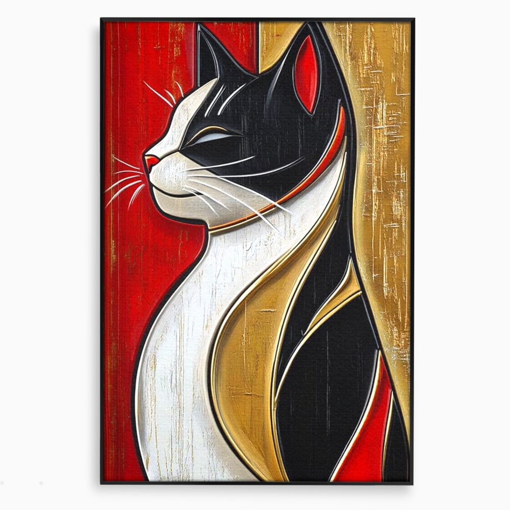 Tablou Canvas Premium, LuxCanva® M1231, Felina de Colectie, Arta Moderna, Pisica, Portret, Rosu, Veselie, Abstract, Auriu, Profil, Texturat, Artistic, Birou, Living, Camera Copil
