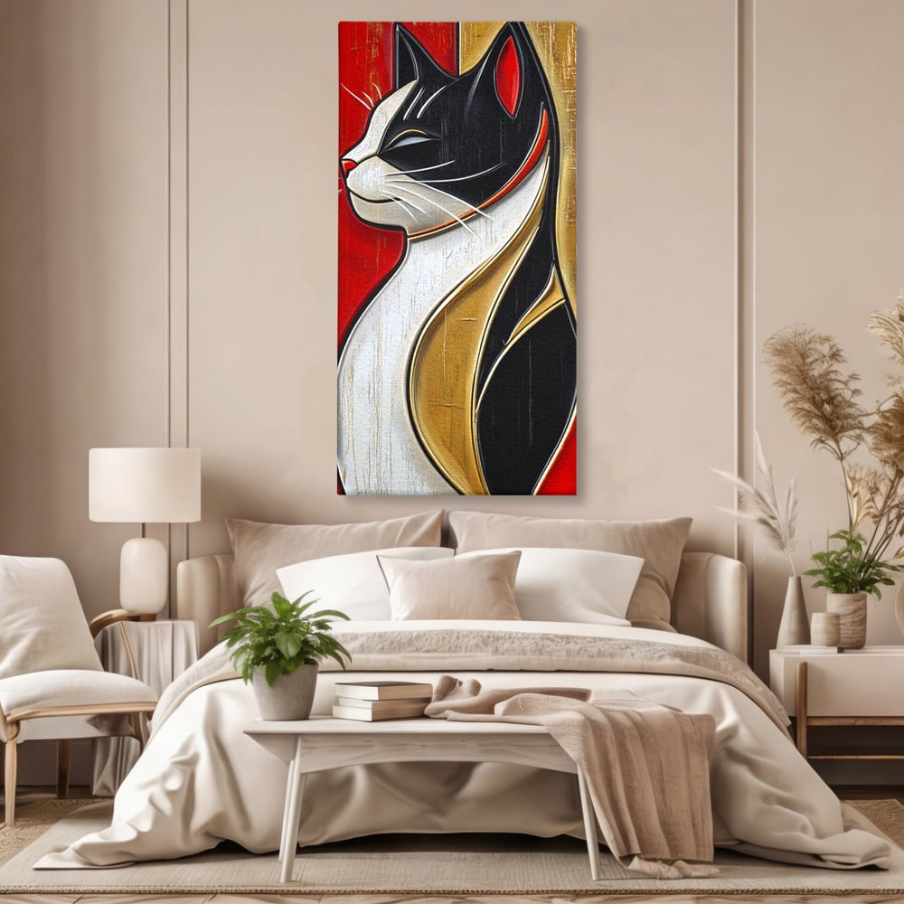 Tablou Canvas Premium, LuxCanva® M1231, Felina de Colectie, Arta Moderna, Pisica, Portret, Rosu, Veselie, Abstract, Auriu, Profil, Texturat, Artistic, Birou, Living, Camera Copil