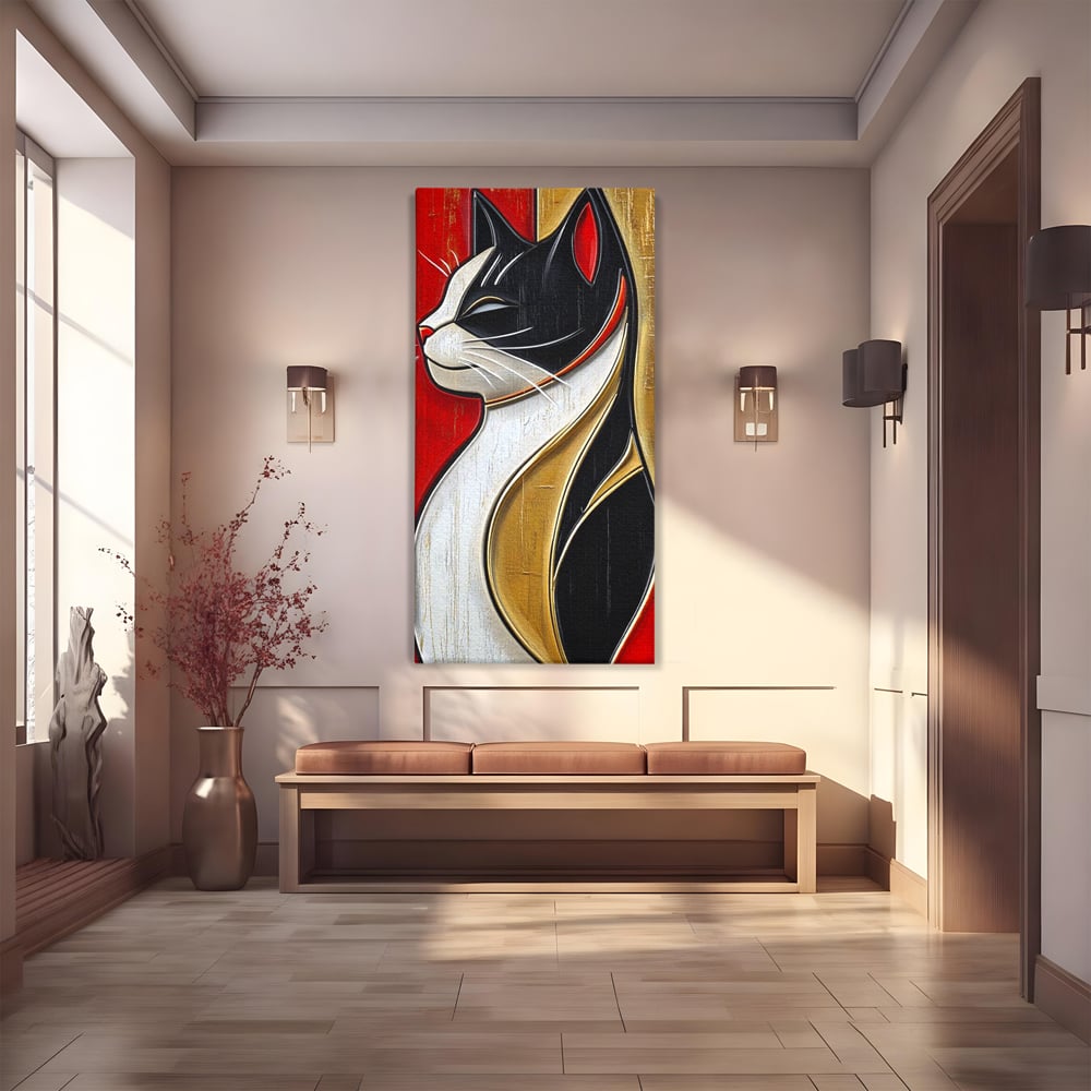 Tablou Canvas Premium, LuxCanva® M1231, Felina de Colectie, Arta Moderna, Pisica, Portret, Rosu, Veselie, Abstract, Auriu, Profil, Texturat, Artistic, Birou, Living, Camera Copil