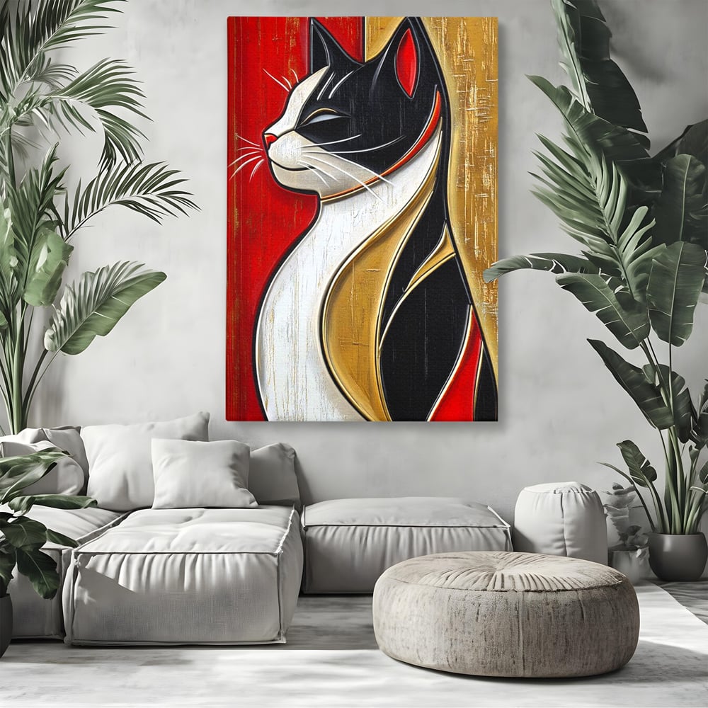 Tablou Canvas Premium, LuxCanva® M1231, Felina de Colectie, Arta Moderna, Pisica, Portret, Rosu, Veselie, Abstract, Auriu, Profil, Texturat, Artistic, Birou, Living, Camera Copil