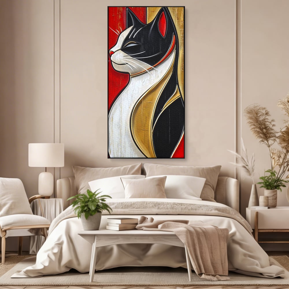 Tablou Canvas Premium, LuxCanva® M1231, Felina de Colectie, Arta Moderna, Pisica, Portret, Rosu, Veselie, Abstract, Auriu, Profil, Texturat, Artistic, Birou, Living, Camera Copil