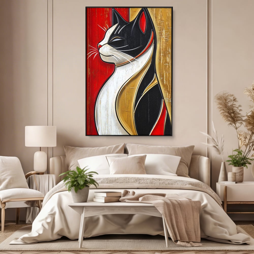 Tablou Canvas Premium, LuxCanva® M1231, Felina de Colectie, Arta Moderna, Pisica, Portret, Rosu, Veselie, Abstract, Auriu, Profil, Texturat, Artistic, Birou, Living, Camera Copil