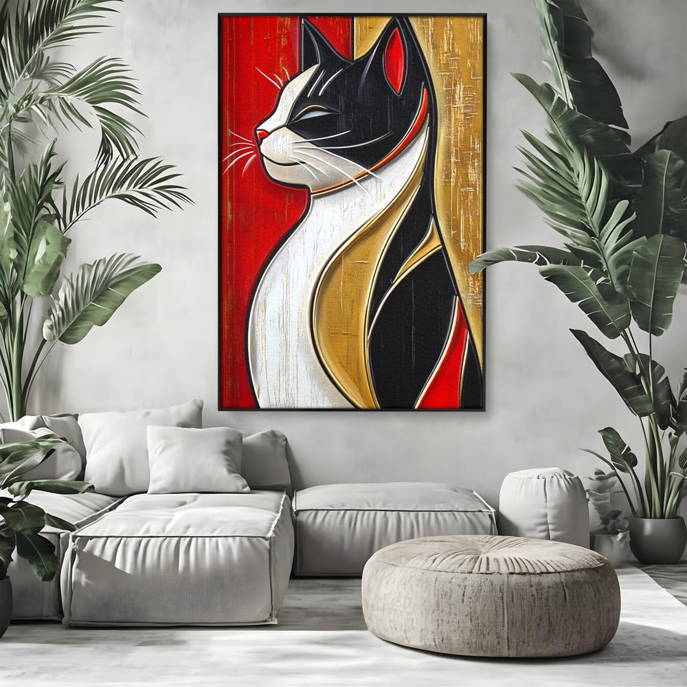 Tablou Canvas Premium, LuxCanva® M1231, Felina de Colectie, Arta Moderna, Pisica, Portret, Rosu, Veselie, Abstract, Auriu, Profil, Texturat, Artistic, Birou, Living, Camera Copil