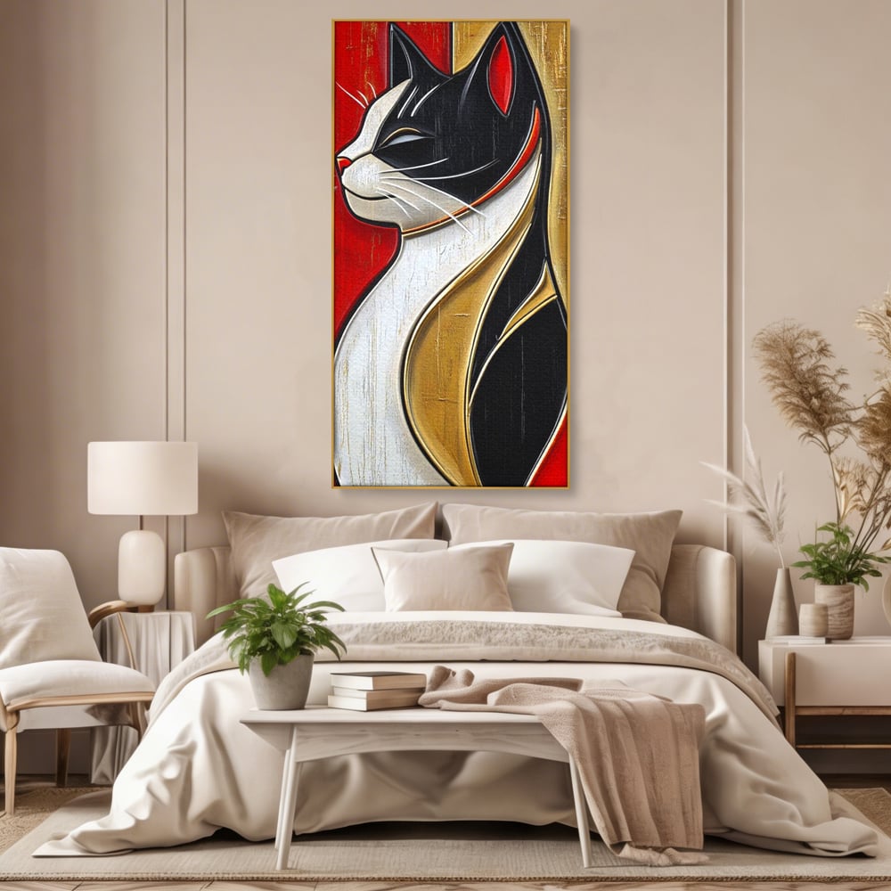 Tablou Canvas Premium, LuxCanva® M1231, Felina de Colectie, Arta Moderna, Pisica, Portret, Rosu, Veselie, Abstract, Auriu, Profil, Texturat, Artistic, Birou, Living, Camera Copil