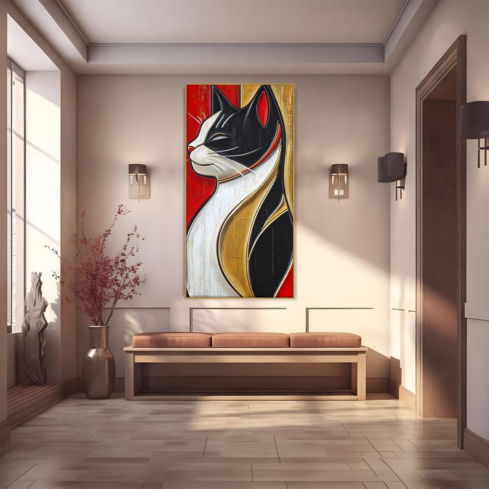 Tablou Canvas Premium, LuxCanva® M1231, Felina de Colectie, Arta Moderna, Pisica, Portret, Rosu, Veselie, Abstract, Auriu, Profil, Texturat, Artistic, Birou, Living, Camera Copil
