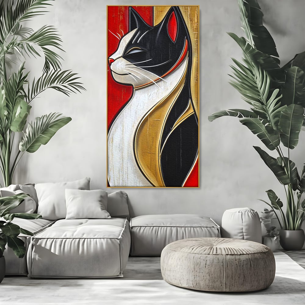 Tablou Canvas Premium, LuxCanva® M1231, Felina de Colectie, Arta Moderna, Pisica, Portret, Rosu, Veselie, Abstract, Auriu, Profil, Texturat, Artistic, Birou, Living, Camera Copil