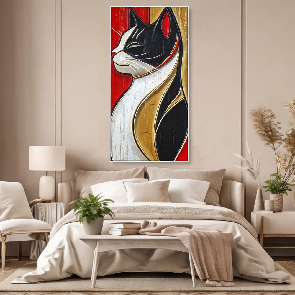 Tablou Canvas Premium, LuxCanva® M1231, Felina de Colectie, Arta Moderna, Pisica, Portret, Rosu, Veselie, Abstract, Auriu, Profil, Texturat, Artistic, Birou, Living, Camera Copil