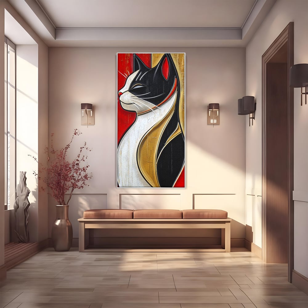 Tablou Canvas Premium, LuxCanva® M1231, Felina de Colectie, Arta Moderna, Pisica, Portret, Rosu, Veselie, Abstract, Auriu, Profil, Texturat, Artistic, Birou, Living, Camera Copil