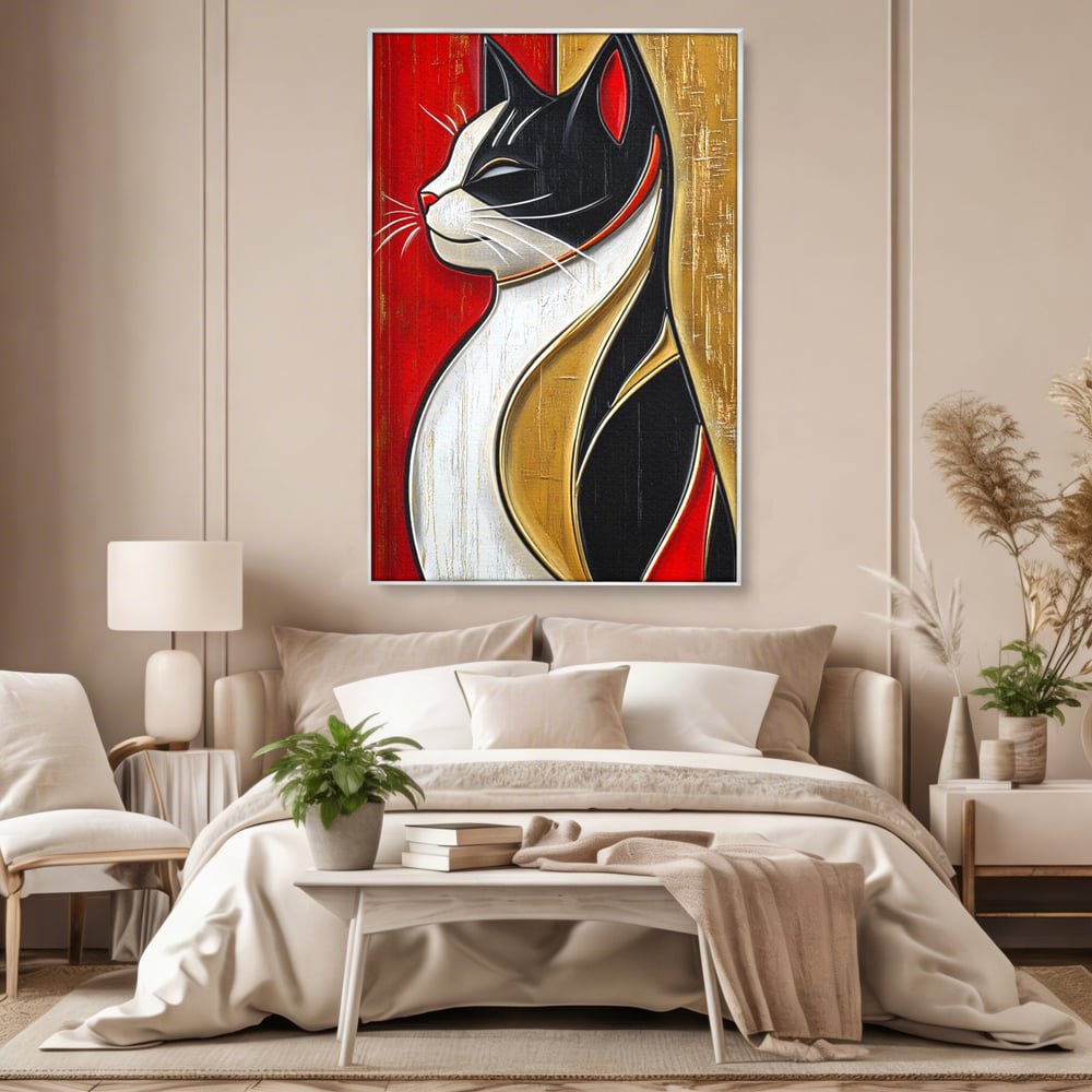 Tablou Canvas Premium, LuxCanva® M1231, Felina de Colectie, Arta Moderna, Pisica, Portret, Rosu, Veselie, Abstract, Auriu, Profil, Texturat, Artistic, Birou, Living, Camera Copil