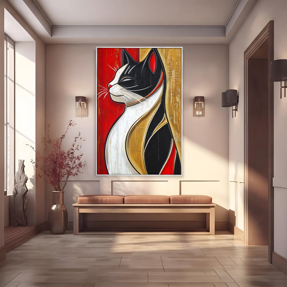 Tablou Canvas Premium, LuxCanva® M1231, Felina de Colectie, Arta Moderna, Pisica, Portret, Rosu, Veselie, Abstract, Auriu, Profil, Texturat, Artistic, Birou, Living, Camera Copil