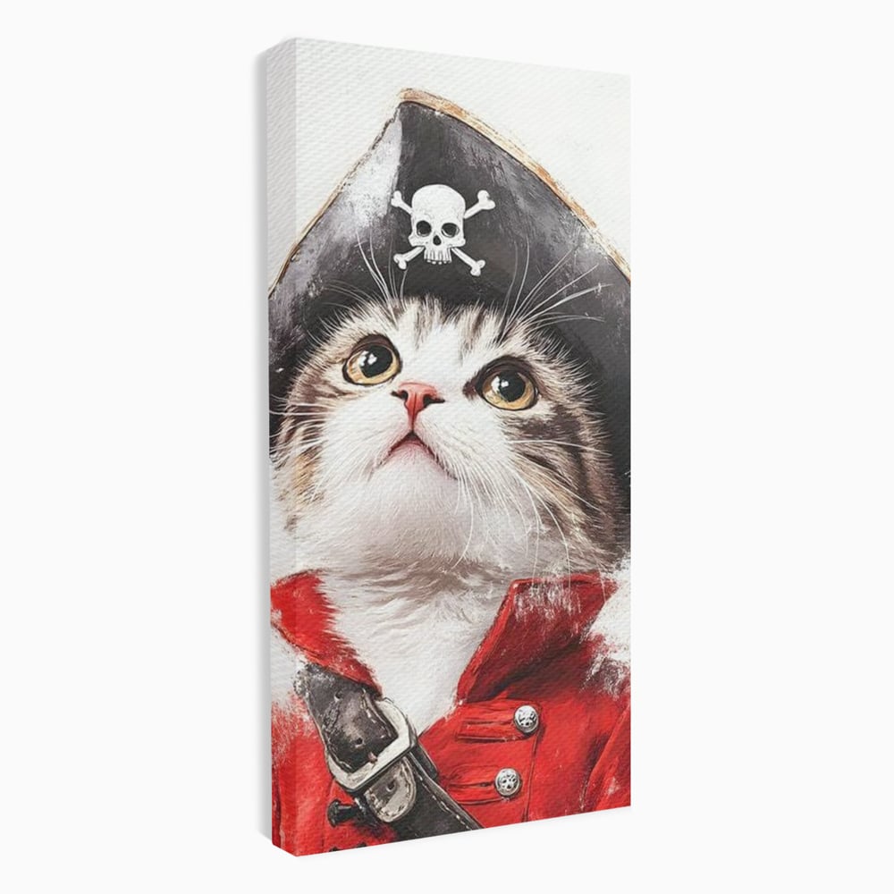 Leinwand Wandbild Leinwand Premium, LuxCanva® M1233, Kleines Piratenkätzchen, Kapitän, Hut, Abenteuer, Reise, Katze, Pirat, Piratenschiff, Anzug, Kindheit, Büro, Wohnen, Wohnzimmer, Babyzimmer