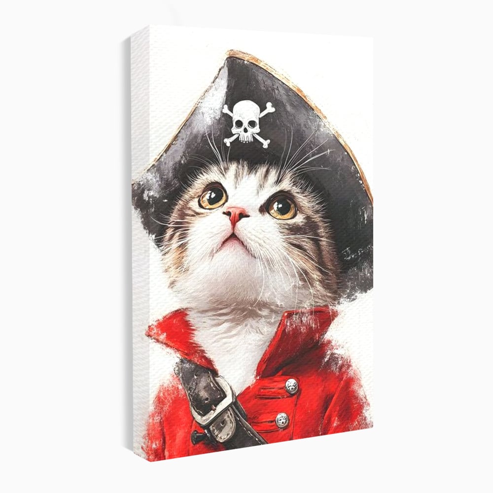Leinwand Wandbild Leinwand Premium, LuxCanva® M1233, Kleines Piratenkätzchen, Kapitän, Hut, Abenteuer, Reise, Katze, Pirat, Piratenschiff, Anzug, Kindheit, Büro, Wohnen, Wohnzimmer, Babyzimmer