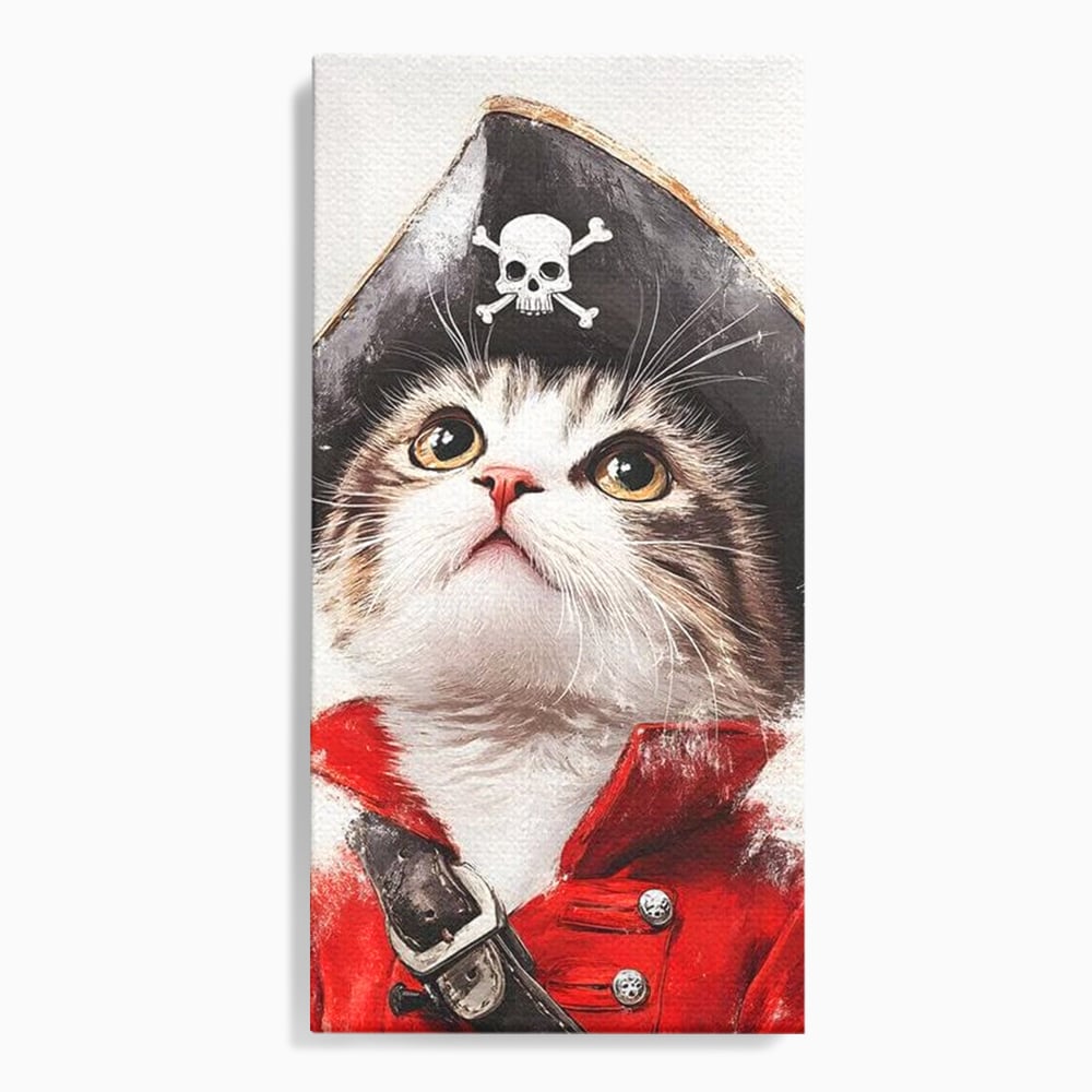 Leinwand Wandbild Leinwand Premium, LuxCanva® M1233, Kleines Piratenkätzchen, Kapitän, Hut, Abenteuer, Reise, Katze, Pirat, Piratenschiff, Anzug, Kindheit, Büro, Wohnen, Wohnzimmer, Babyzimmer