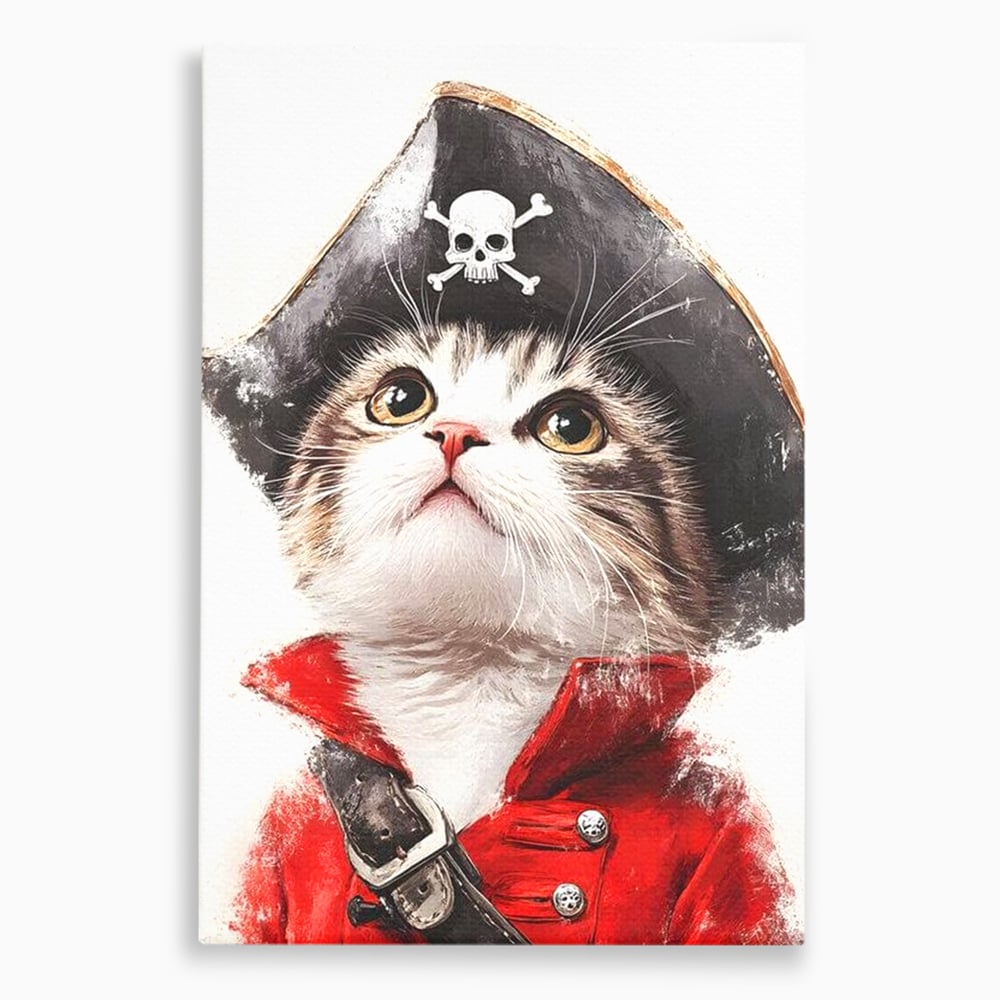 Leinwand Wandbild Leinwand Premium, LuxCanva® M1233, Kleines Piratenkätzchen, Kapitän, Hut, Abenteuer, Reise, Katze, Pirat, Piratenschiff, Anzug, Kindheit, Büro, Wohnen, Wohnzimmer, Babyzimmer