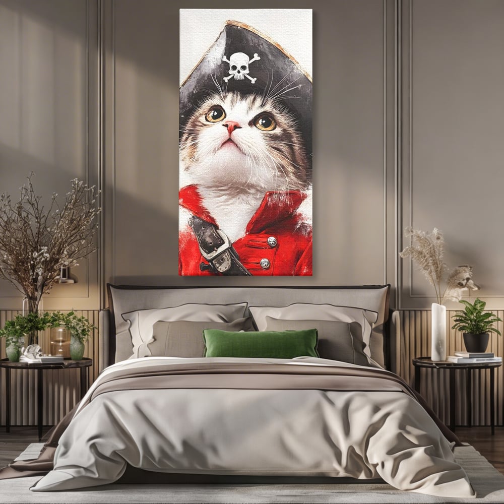 Leinwand Wandbild Leinwand Premium, LuxCanva® M1233, Kleines Piratenkätzchen, Kapitän, Hut, Abenteuer, Reise, Katze, Pirat, Piratenschiff, Anzug, Kindheit, Büro, Wohnen, Wohnzimmer, Babyzimmer