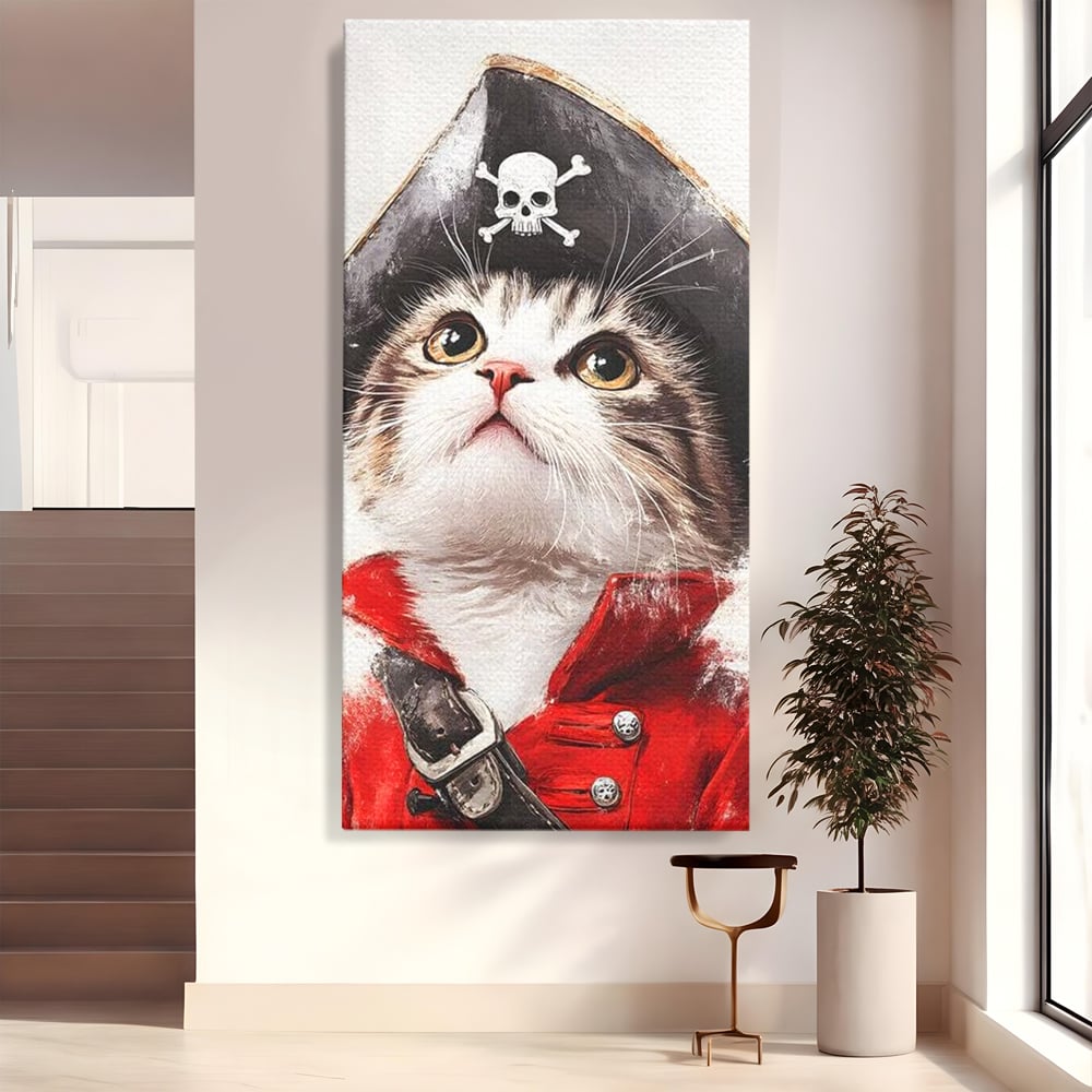 Leinwand Wandbild Leinwand Premium, LuxCanva® M1233, Kleines Piratenkätzchen, Kapitän, Hut, Abenteuer, Reise, Katze, Pirat, Piratenschiff, Anzug, Kindheit, Büro, Wohnen, Wohnzimmer, Babyzimmer