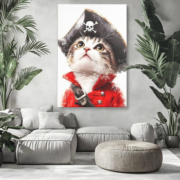 Leinwand Wandbild Leinwand Premium, LuxCanva® M1233, Kleines Piratenkätzchen, Kapitän, Hut, Abenteuer, Reise, Katze, Pirat, Piratenschiff, Anzug, Kindheit, Büro, Wohnen, Wohnzimmer, Babyzimmer