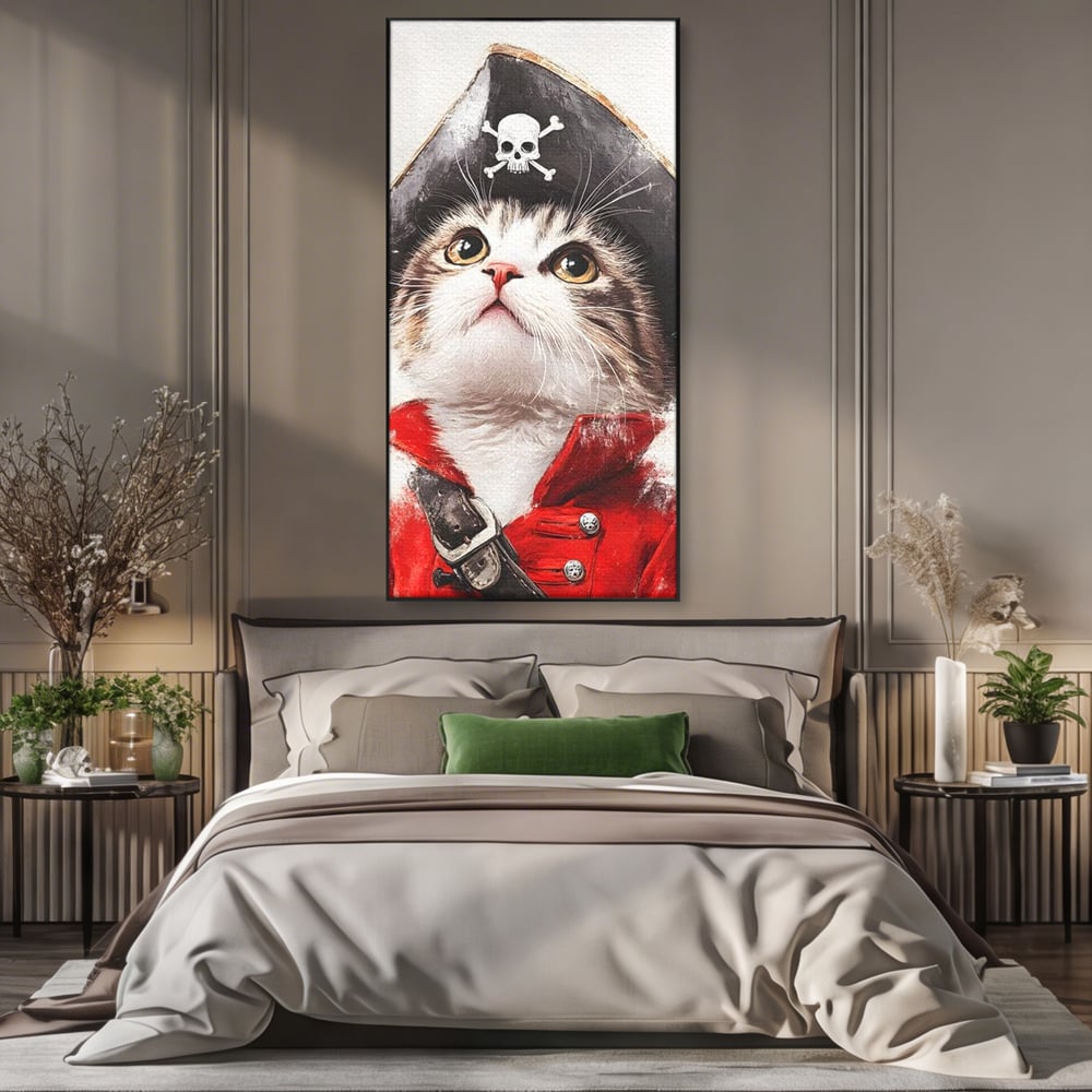 Leinwand Wandbild Leinwand Premium, LuxCanva® M1233, Kleines Piratenkätzchen, Kapitän, Hut, Abenteuer, Reise, Katze, Pirat, Piratenschiff, Anzug, Kindheit, Büro, Wohnen, Wohnzimmer, Babyzimmer