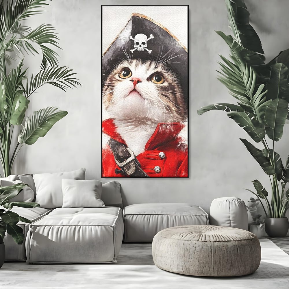 Leinwand Wandbild Leinwand Premium, LuxCanva® M1233, Kleines Piratenkätzchen, Kapitän, Hut, Abenteuer, Reise, Katze, Pirat, Piratenschiff, Anzug, Kindheit, Büro, Wohnen, Wohnzimmer, Babyzimmer