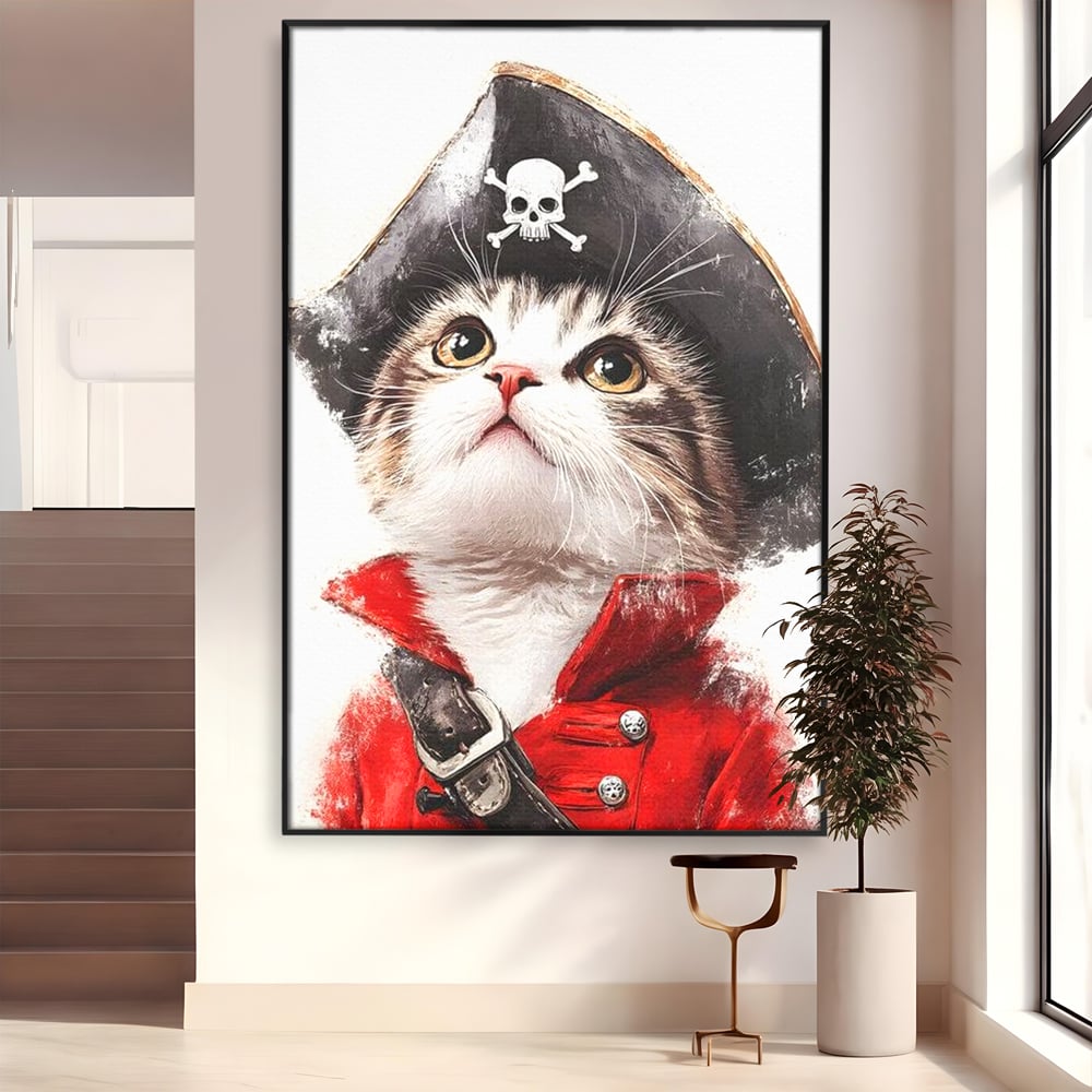 Leinwand Wandbild Leinwand Premium, LuxCanva® M1233, Kleines Piratenkätzchen, Kapitän, Hut, Abenteuer, Reise, Katze, Pirat, Piratenschiff, Anzug, Kindheit, Büro, Wohnen, Wohnzimmer, Babyzimmer