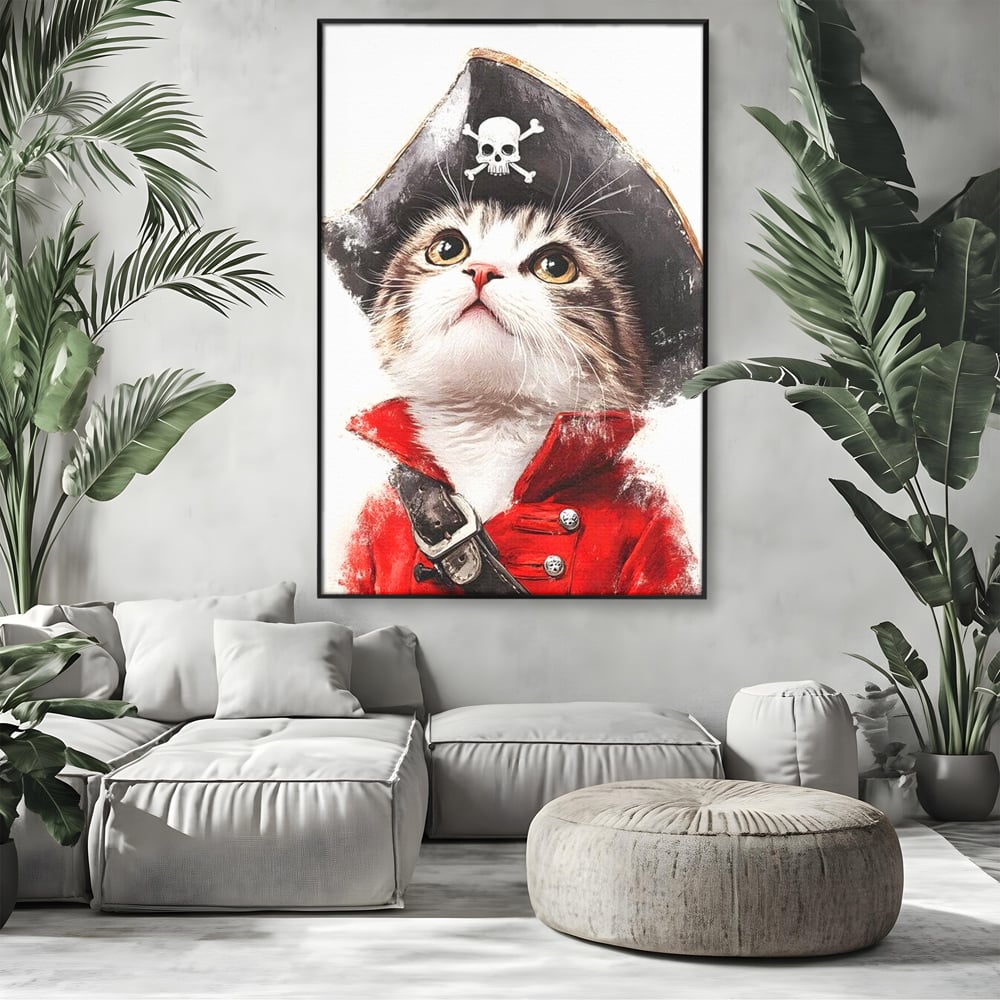 Leinwand Wandbild Leinwand Premium, LuxCanva® M1233, Kleines Piratenkätzchen, Kapitän, Hut, Abenteuer, Reise, Katze, Pirat, Piratenschiff, Anzug, Kindheit, Büro, Wohnen, Wohnzimmer, Babyzimmer