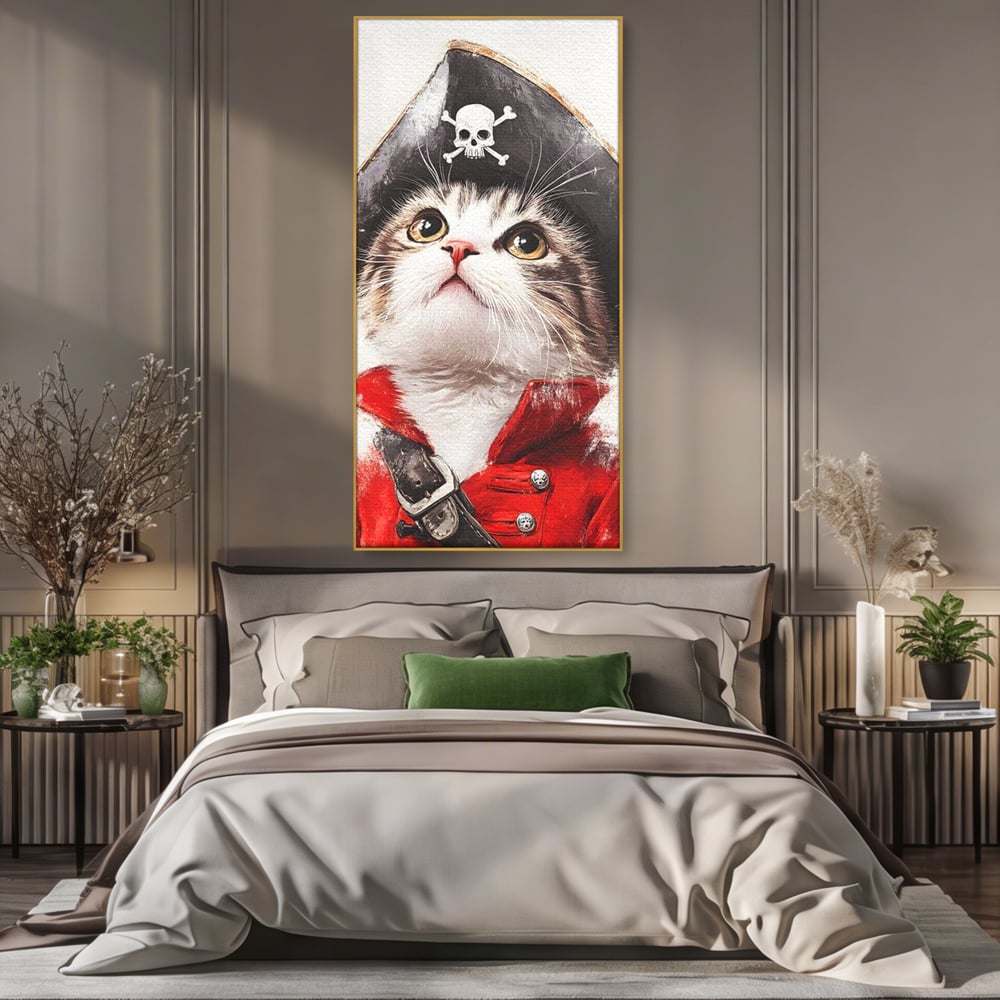 Leinwand Wandbild Leinwand Premium, LuxCanva® M1233, Kleines Piratenkätzchen, Kapitän, Hut, Abenteuer, Reise, Katze, Pirat, Piratenschiff, Anzug, Kindheit, Büro, Wohnen, Wohnzimmer, Babyzimmer