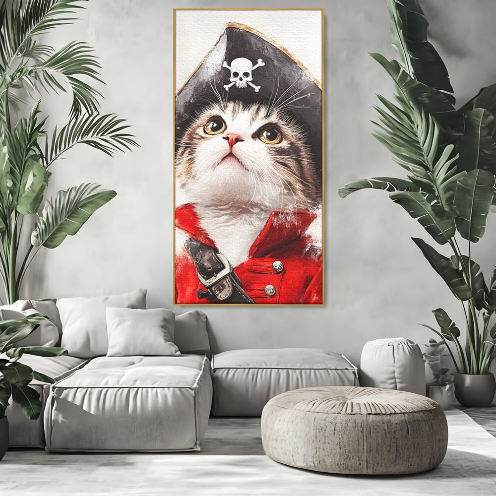 Leinwand Wandbild Leinwand Premium, LuxCanva® M1233, Kleines Piratenkätzchen, Kapitän, Hut, Abenteuer, Reise, Katze, Pirat, Piratenschiff, Anzug, Kindheit, Büro, Wohnen, Wohnzimmer, Babyzimmer