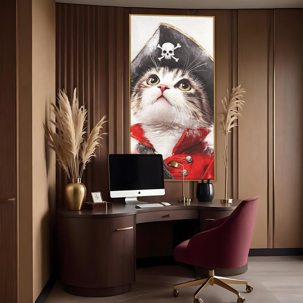 Leinwand Wandbild Leinwand Premium, LuxCanva® M1233, Kleines Piratenkätzchen, Kapitän, Hut, Abenteuer, Reise, Katze, Pirat, Piratenschiff, Anzug, Kindheit, Büro, Wohnen, Wohnzimmer, Babyzimmer