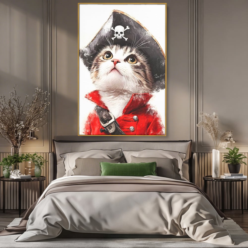 Leinwand Wandbild Leinwand Premium, LuxCanva® M1233, Kleines Piratenkätzchen, Kapitän, Hut, Abenteuer, Reise, Katze, Pirat, Piratenschiff, Anzug, Kindheit, Büro, Wohnen, Wohnzimmer, Babyzimmer