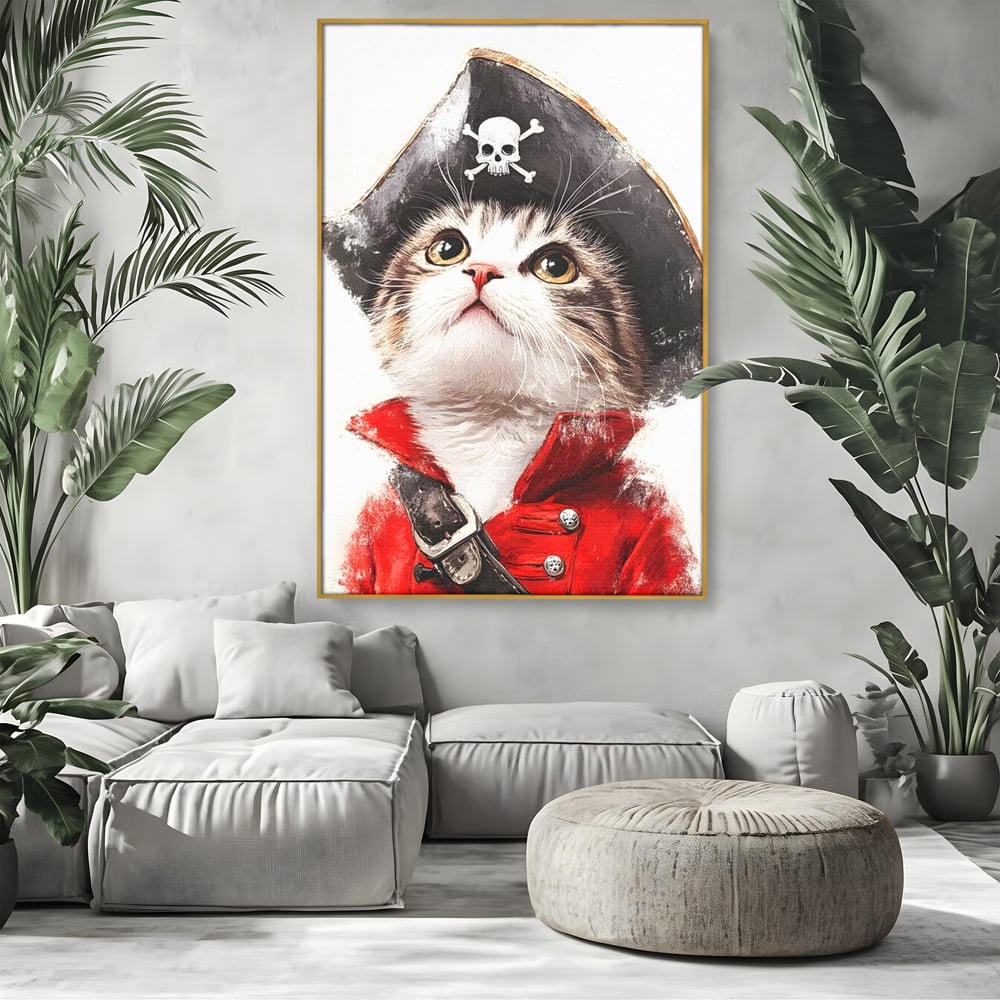 Leinwand Wandbild Leinwand Premium, LuxCanva® M1233, Kleines Piratenkätzchen, Kapitän, Hut, Abenteuer, Reise, Katze, Pirat, Piratenschiff, Anzug, Kindheit, Büro, Wohnen, Wohnzimmer, Babyzimmer