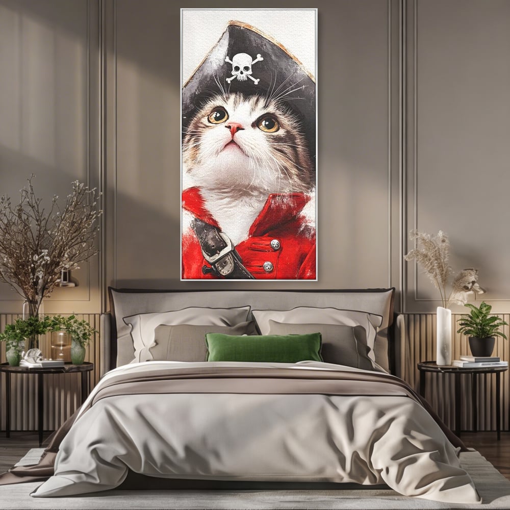 Leinwand Wandbild Leinwand Premium, LuxCanva® M1233, Kleines Piratenkätzchen, Kapitän, Hut, Abenteuer, Reise, Katze, Pirat, Piratenschiff, Anzug, Kindheit, Büro, Wohnen, Wohnzimmer, Babyzimmer